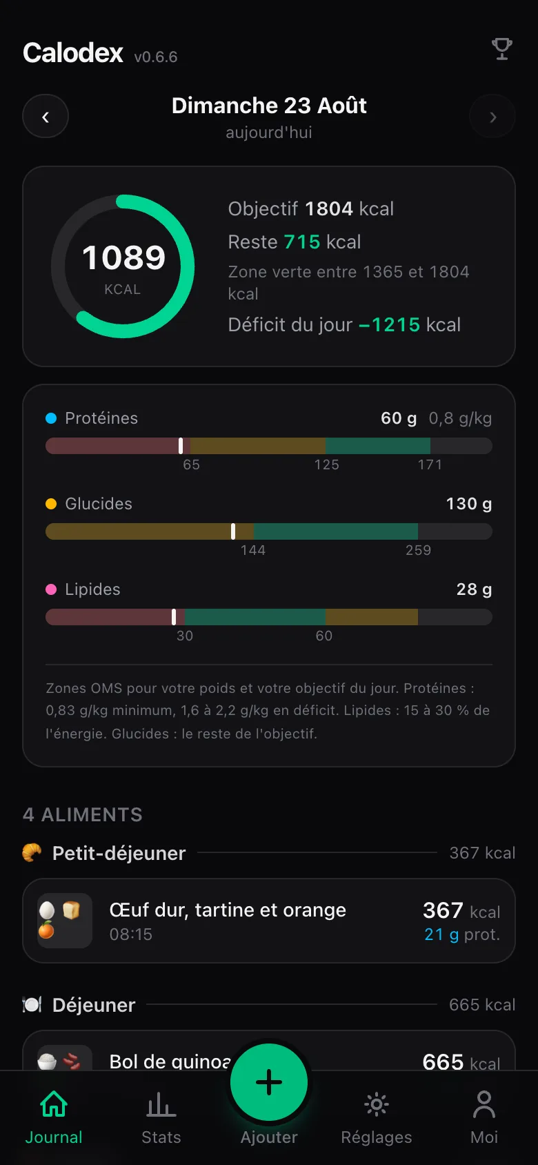 Le journal Calodex sur un téléphone : les repas du jour, les calories et les macros.